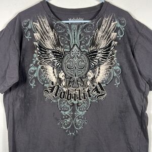 🔥🔥 NOBILITY Affliction Y2K Dark Gray Graphic Grunge Tee Men Size XL - EXCELLEN